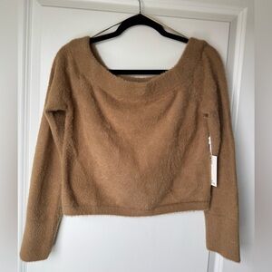 Good American Off-the-Shoulder Tan Sweater